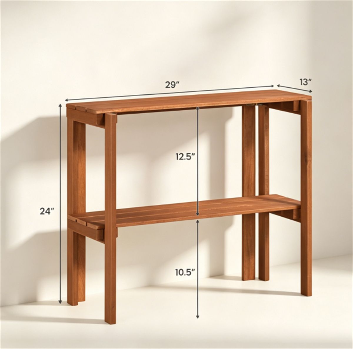 Natural Wood Folding Shelf for Shoes and Plants – 2-Tier Slatted Storage