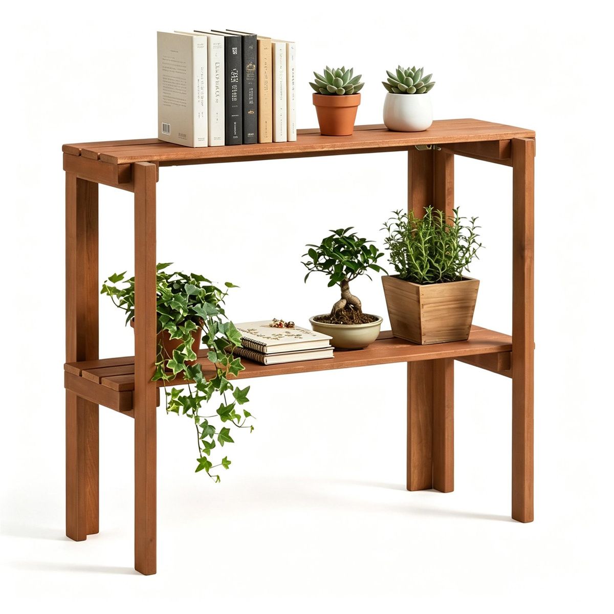Natural Wood Folding Shelf for Shoes and Plants – 2-Tier Slatted Storage