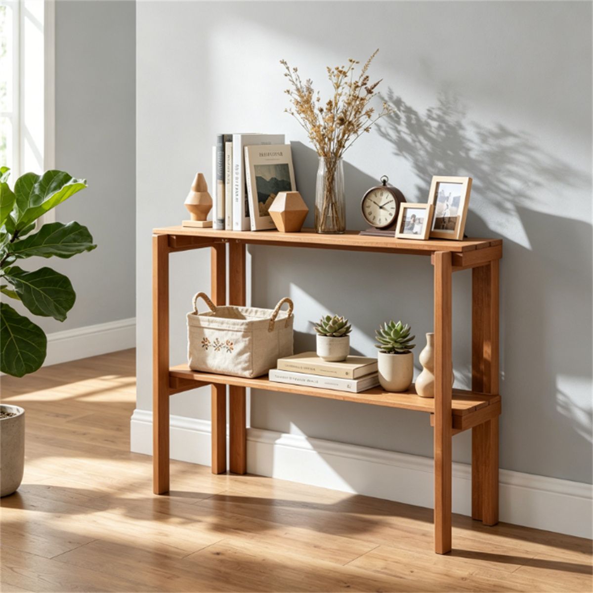Natural Wood Folding Shelf for Shoes and Plants – 2-Tier Slatted Storage