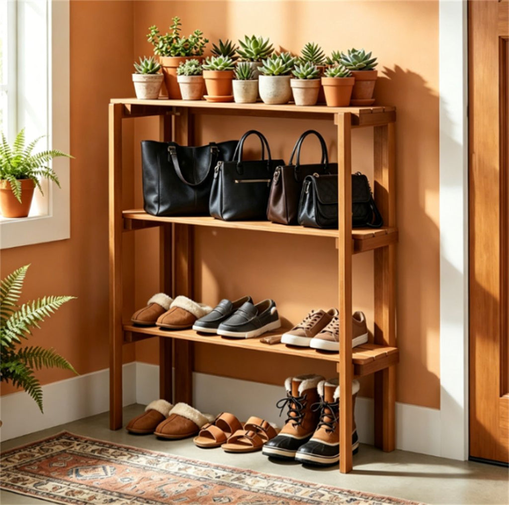 Folding Slatted Shelf for Shoes, Plants, and Display