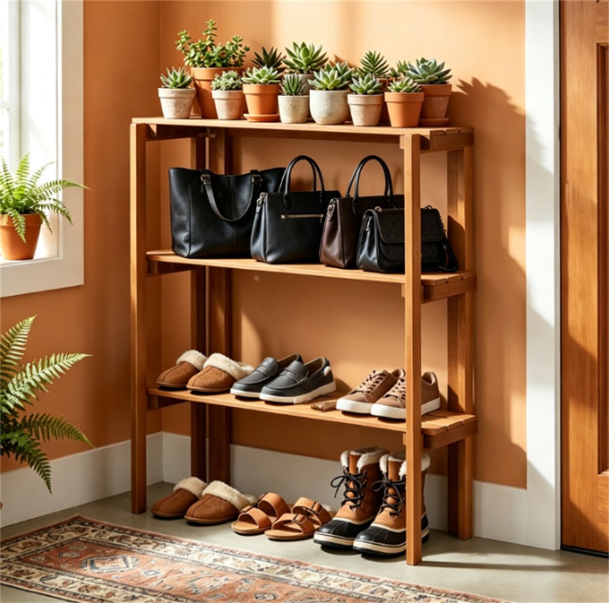 Folding Slatted Shelf for Shoes, Plants, and Display
