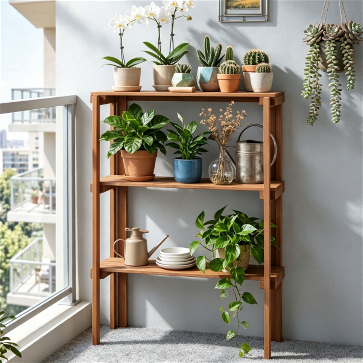Folding Slatted Shelf for Shoes, Plants, and Display
