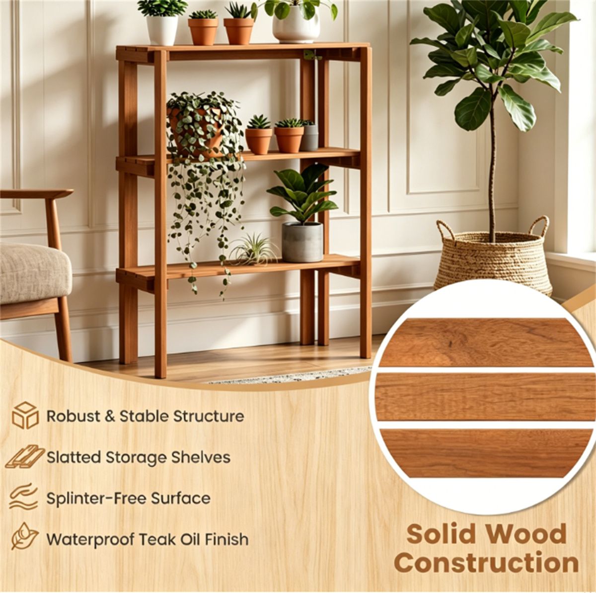 Folding Slatted Shelf for Shoes, Plants, and Display