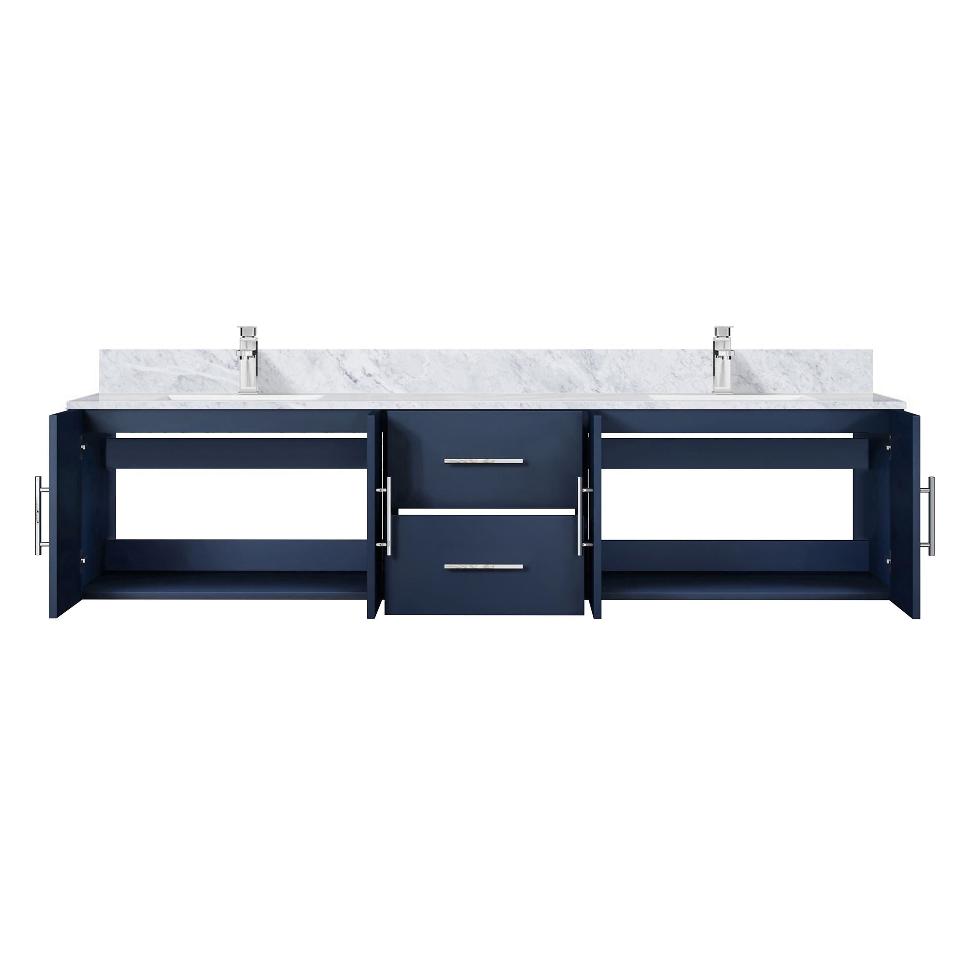 Navy Blue Double Bath Vanity. W x. D, Carrara Marble Top, and Faucet Set