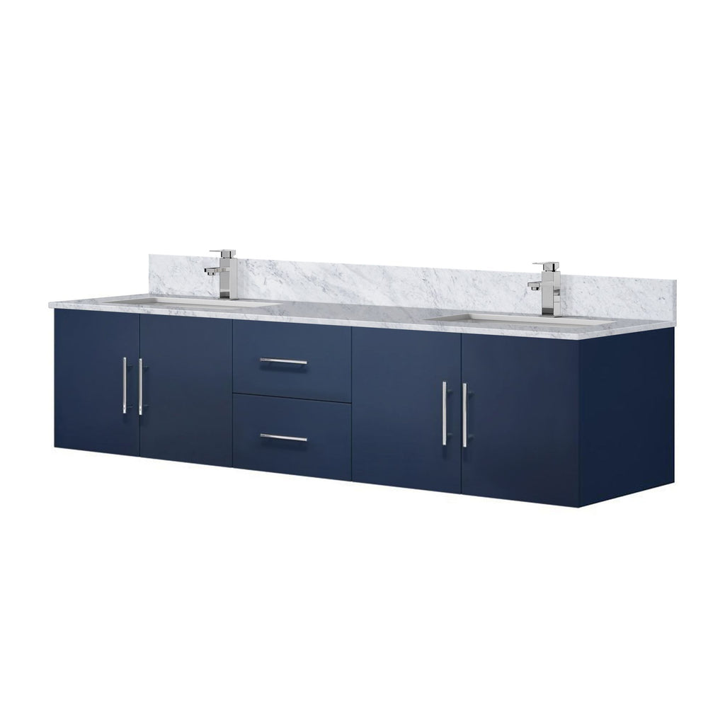 Navy Blue Double Bath Vanity. W x. D, Carrara Marble Top, and Faucet Set