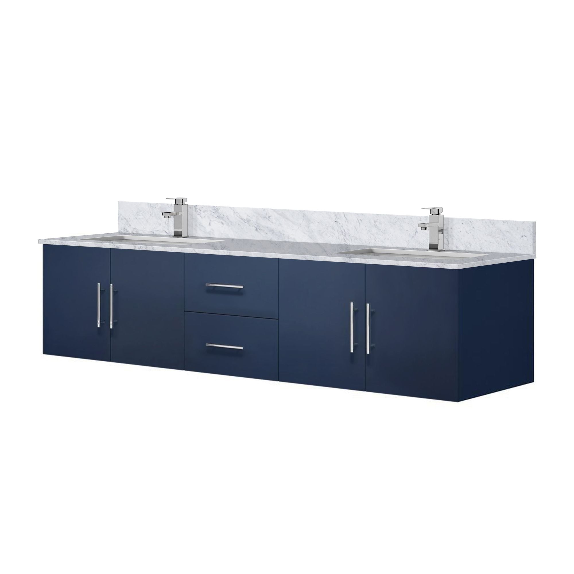 Navy Blue Double Bath Vanity. W x. D, Carrara Marble Top, and Faucet Set