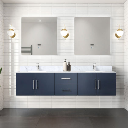 Navy Blue Double Bath Vanity. W x. D, Carrara Marble Top, and Faucet Set