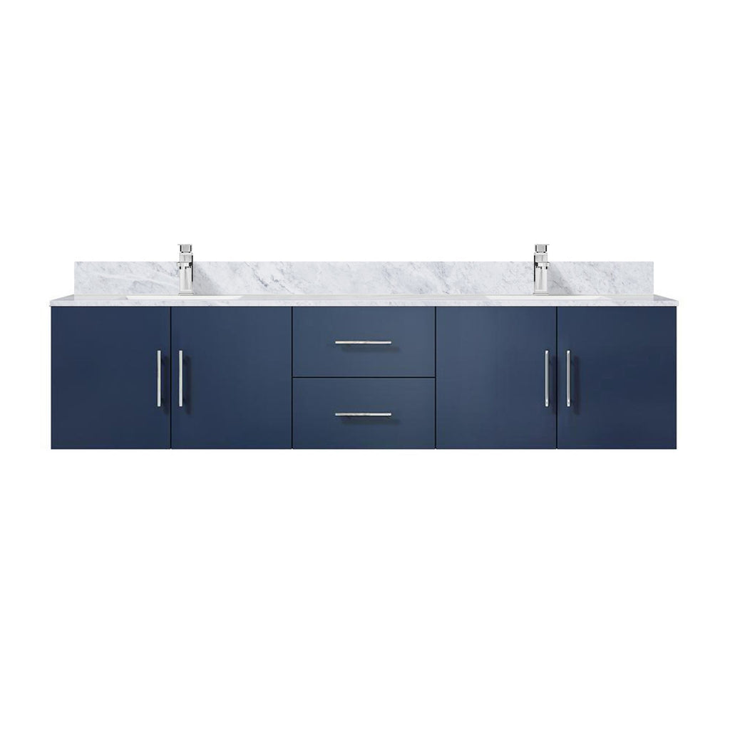 Navy Blue Double Bath Vanity. W x. D, Carrara Marble Top, and Faucet Set