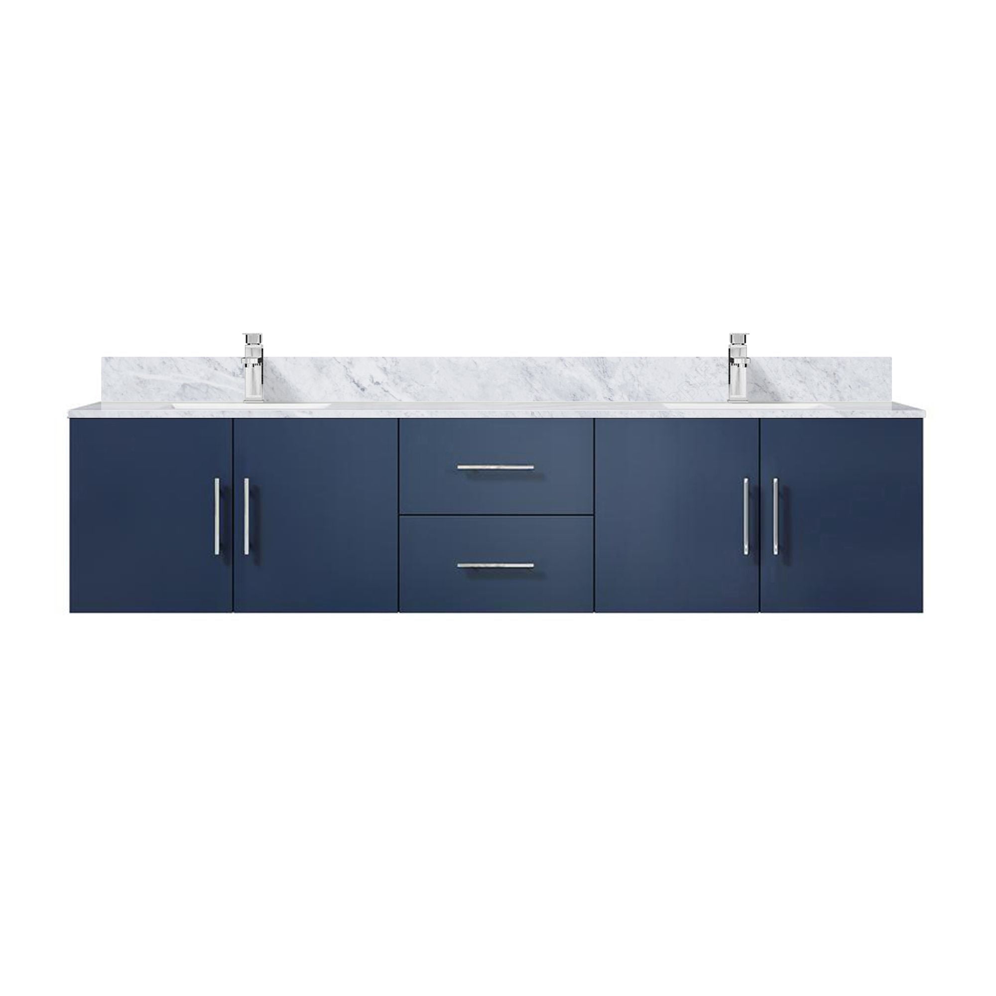 Navy Blue Double Bath Vanity. W x. D, Carrara Marble Top, and Faucet Set