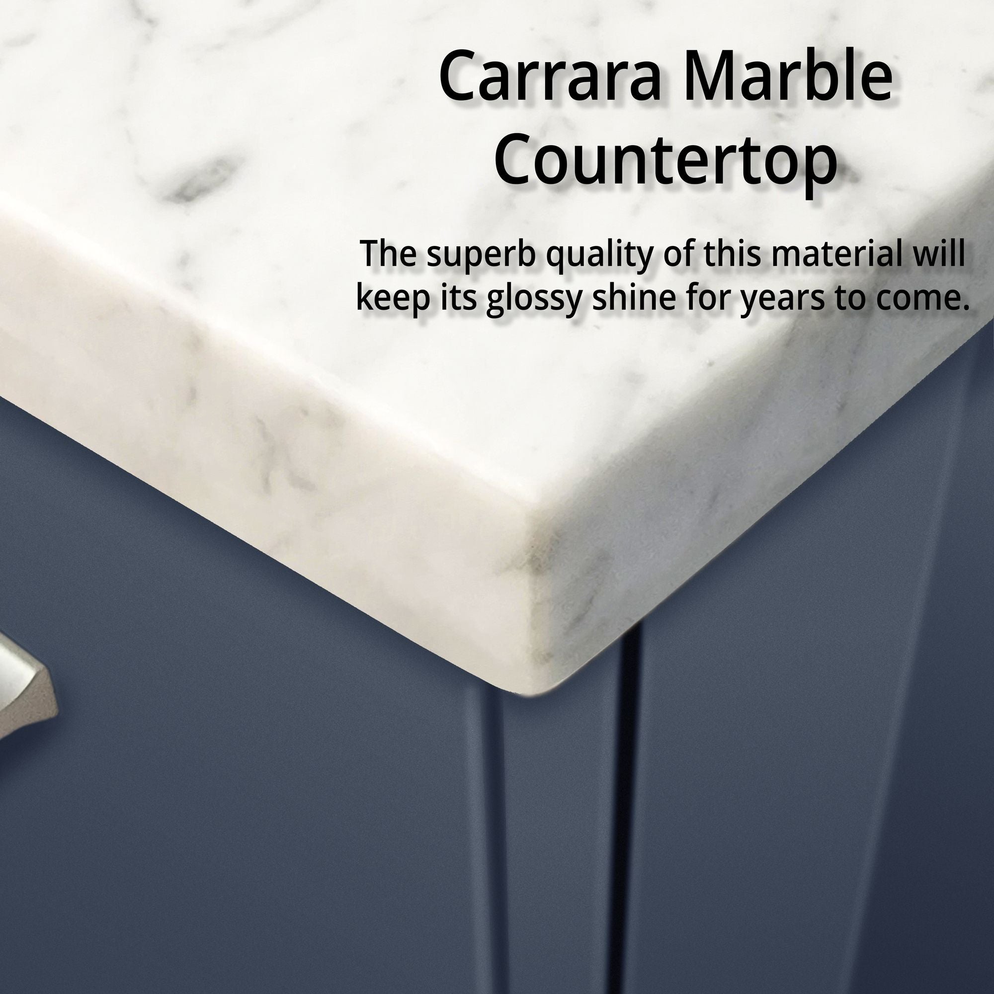 Navy Blue Double Bath Vanity. W x. D, Carrara Marble Top, and Faucet Set