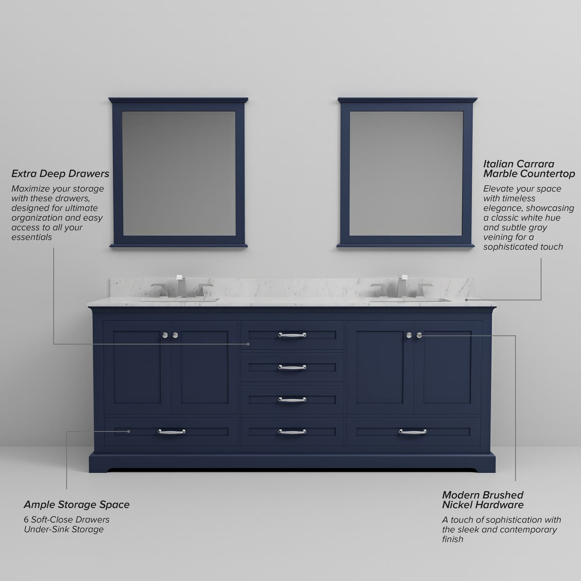Navy Blue Double Bath Vanity 80-in with Soft Close Drawers and Ample Storage