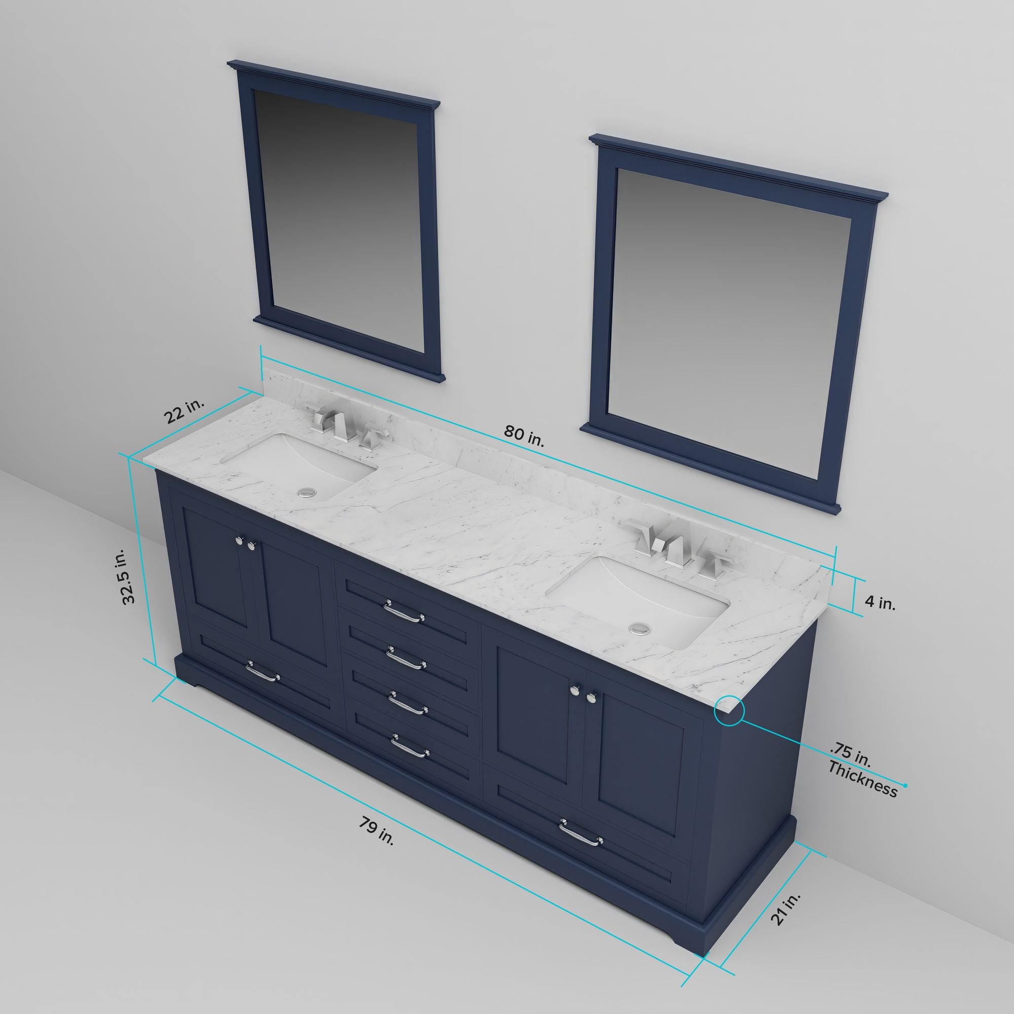Navy Blue Double Bath Vanity 80-in with Soft Close Drawers and Ample Storage