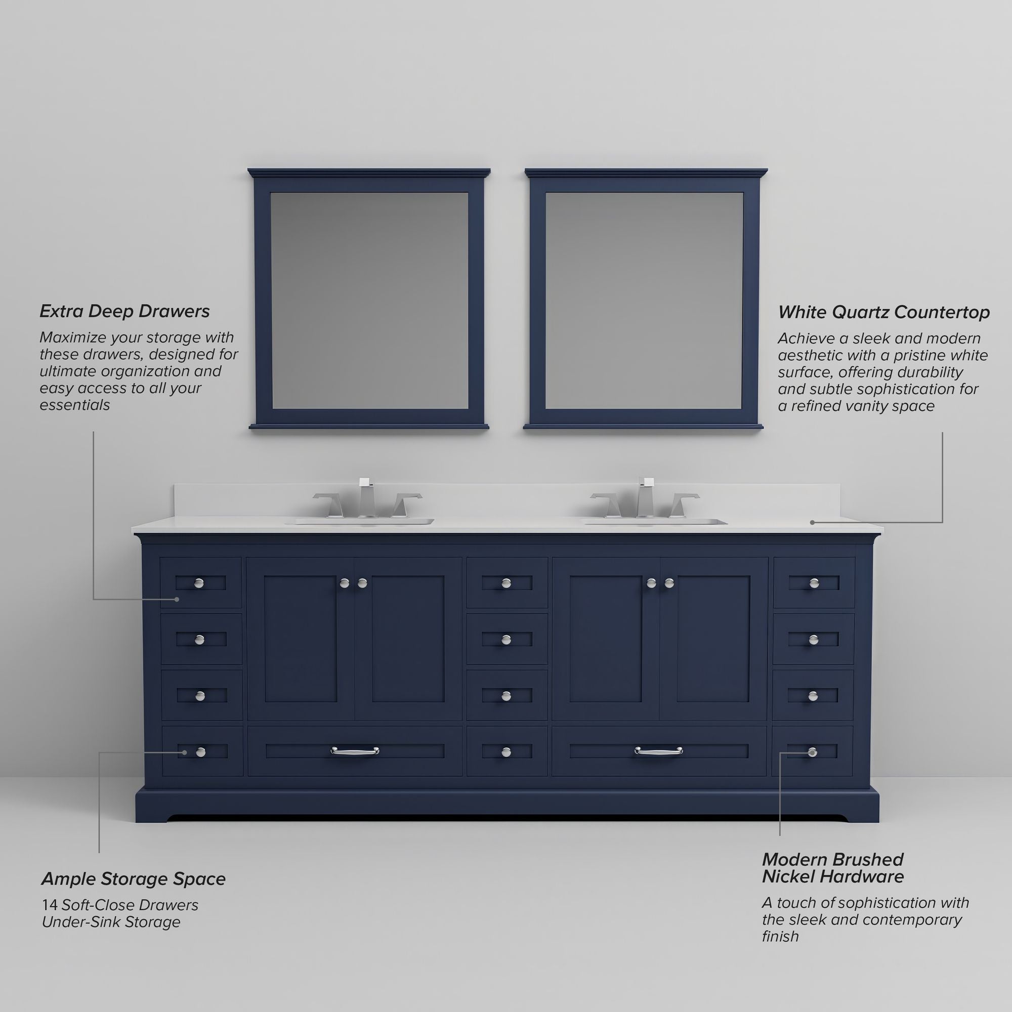 Navy Blue Double Bath Vanity. with White Quartz Top & Faucet Set