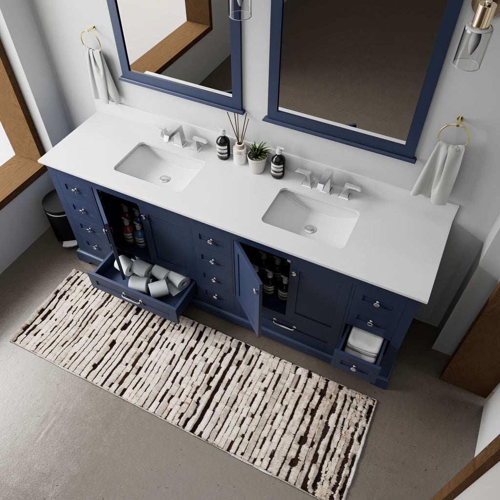 Navy Blue Double Bath Vanity. with White Quartz Top & Faucet Set
