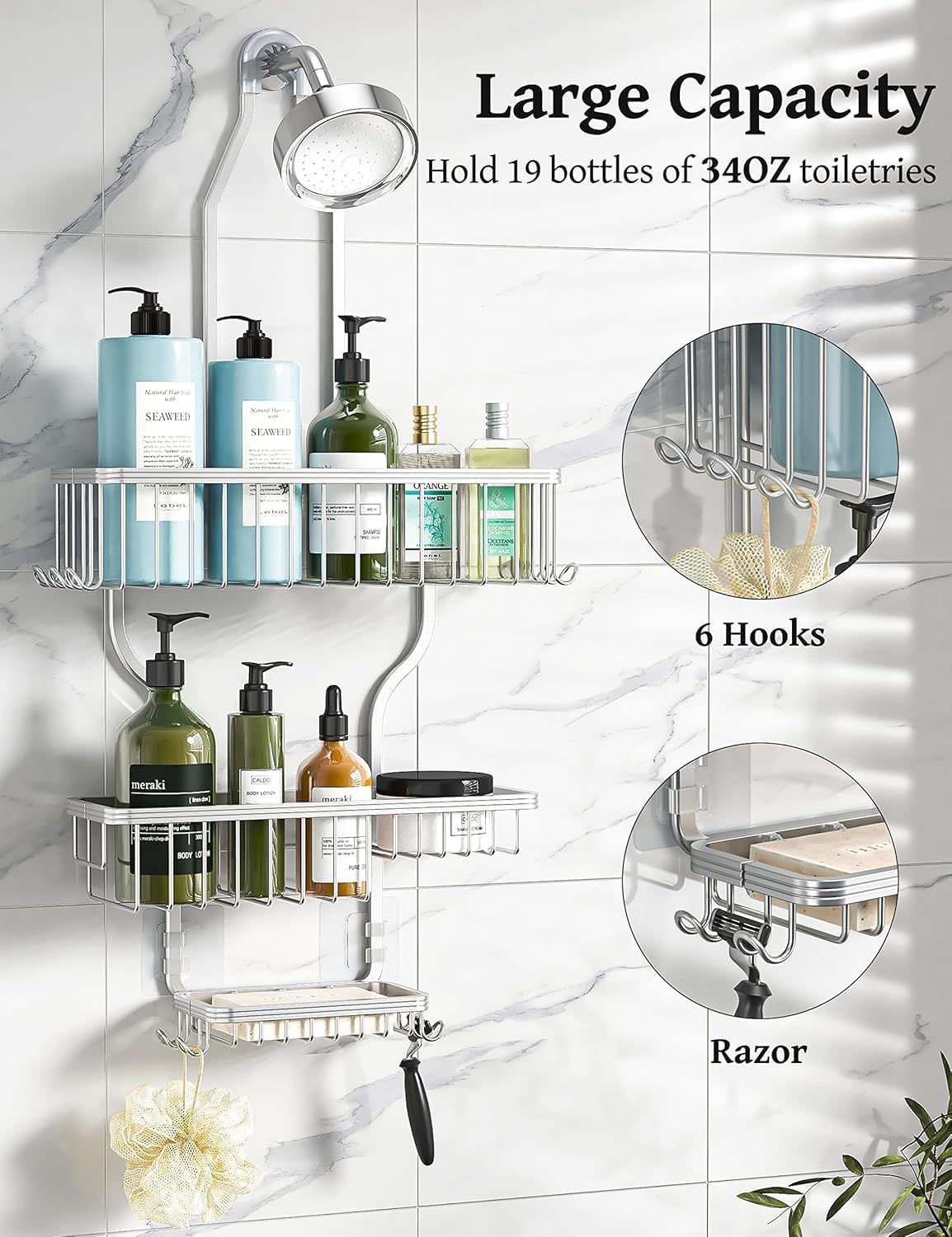 Hanging Shower Organizer with 3 Baskets and 10 Hooks