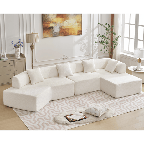 Modern Minimalist L-Shape Modular Couch with Chaise - White Boucle