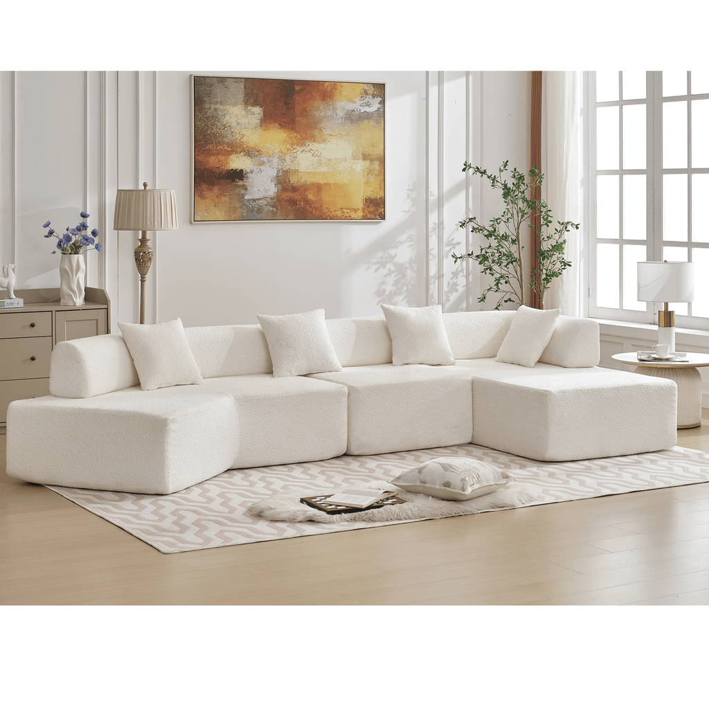 Modern Minimalist L-Shape Modular Couch with Chaise - White Boucle