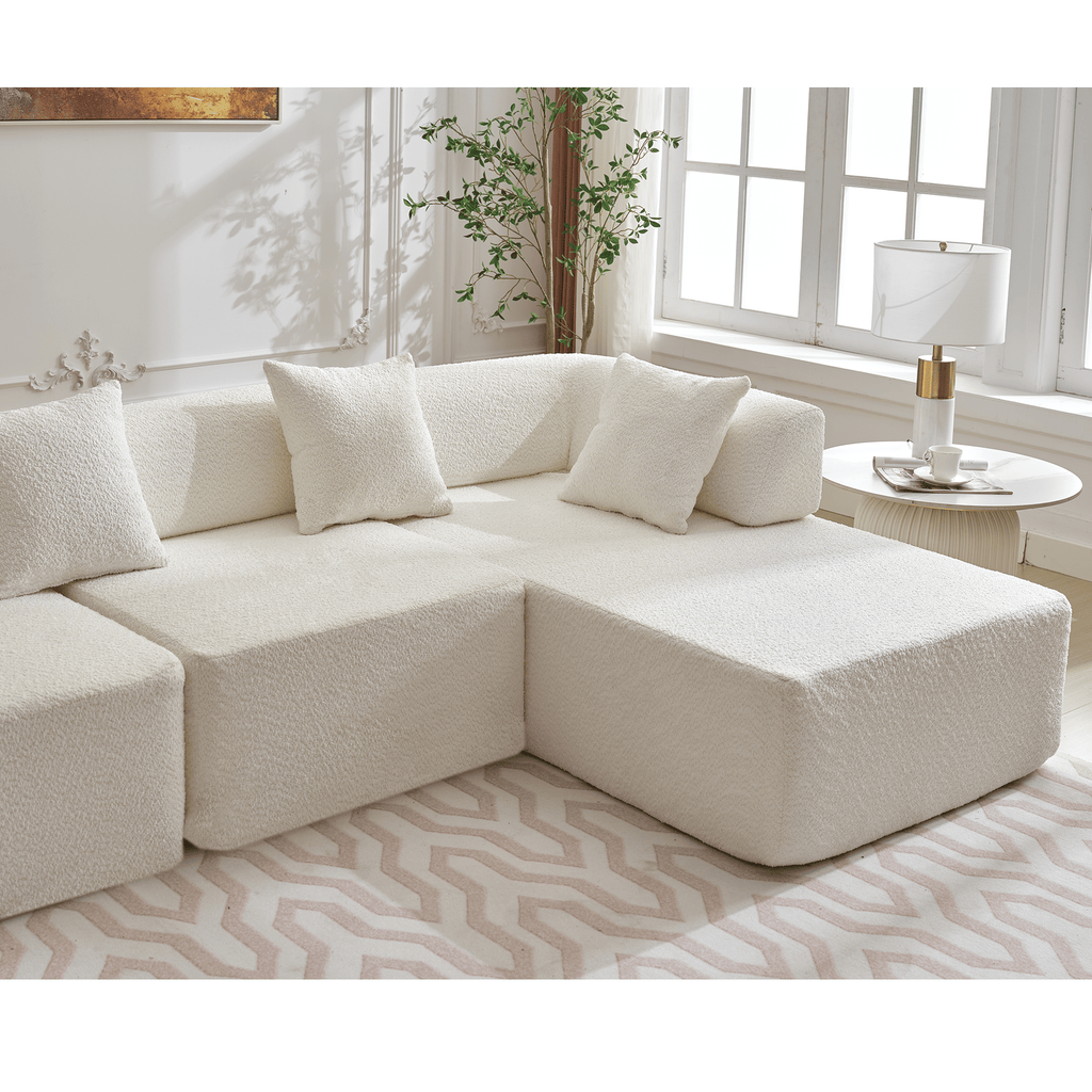 Modern Minimalist L-Shape Modular Couch with Chaise - White Boucle
