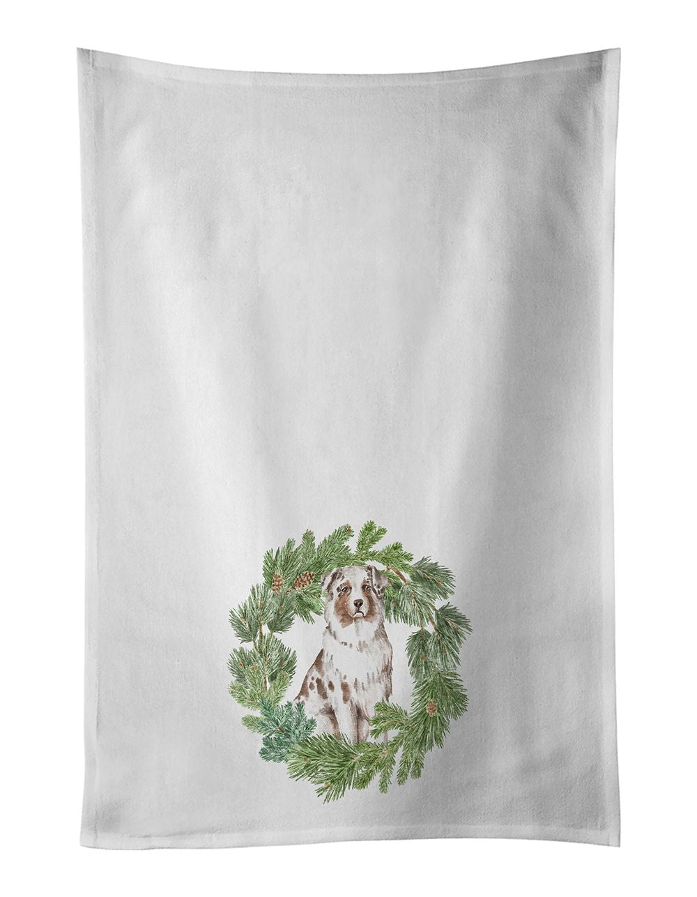 NEW Australian Shepherd Red Merle Christmas Wreath Kitchen Towel Set of 2 White Dish Towels Decorati