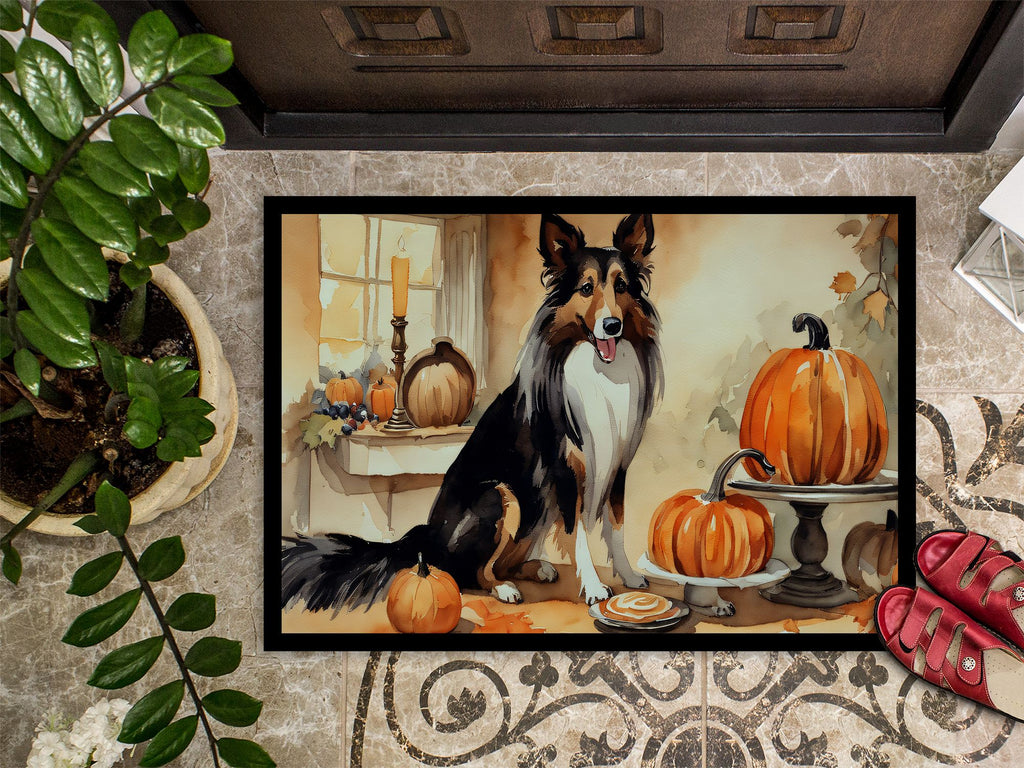 Collie and Fall Pumpkins Indoor-Outdoor Doormat