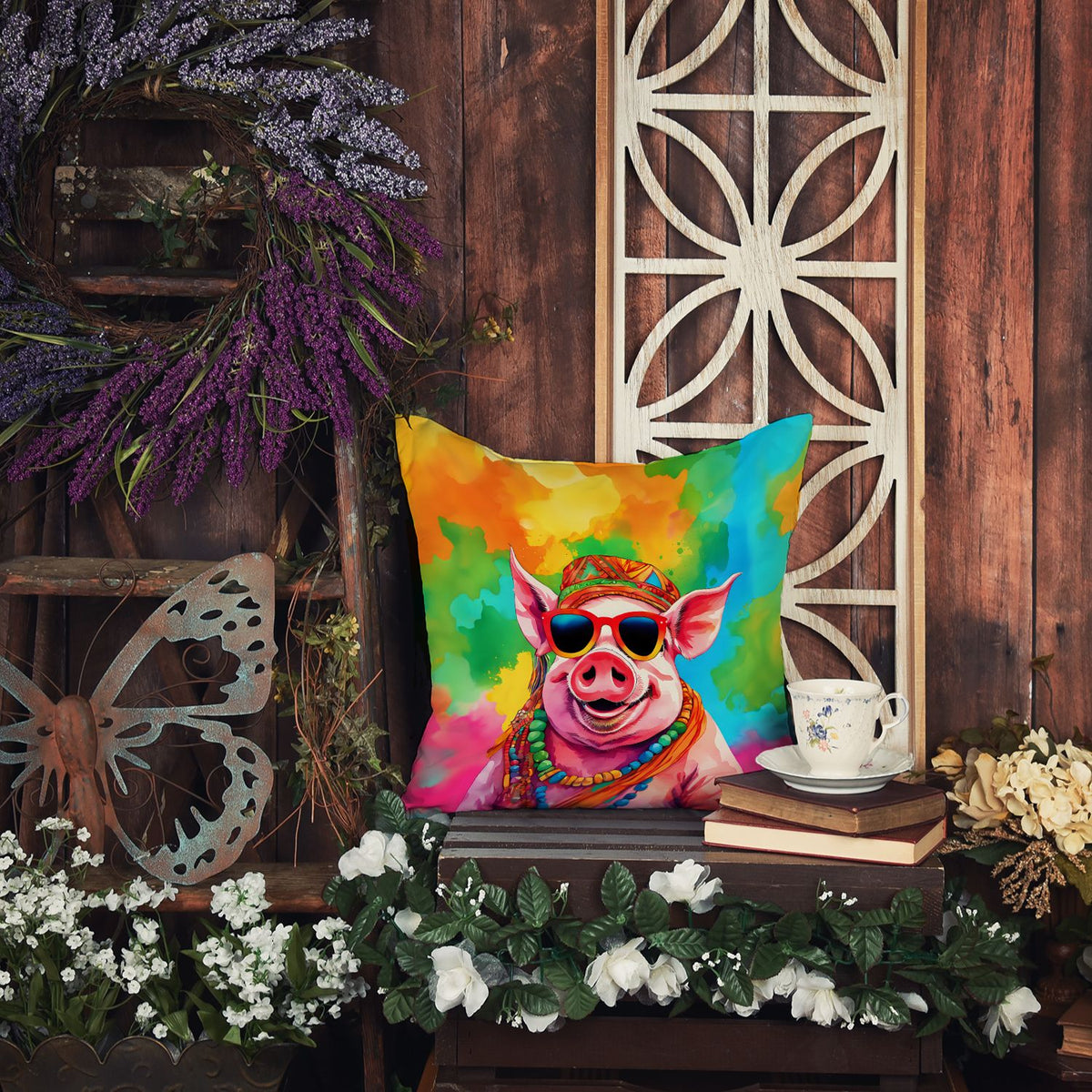 Hippie Pig Indoor and Outdoor Throw Pillow
