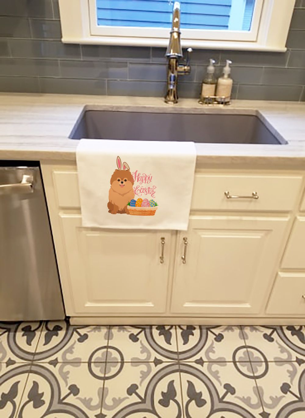 Orange Pomeranian Easter Egg Hunt Kitchen Towels