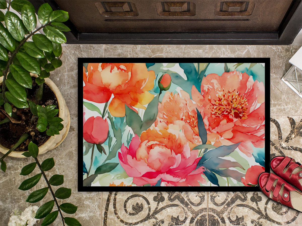 Watercolor Peonies Indoor-Outdoor Doormat