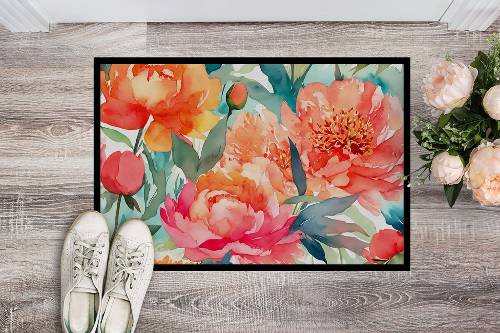 Watercolor Peonies Indoor-Outdoor Doormat