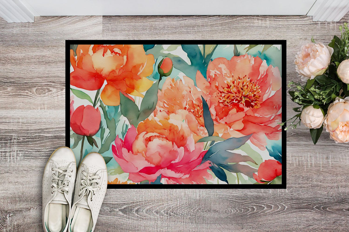 Watercolor Peonies Indoor-Outdoor Doormat