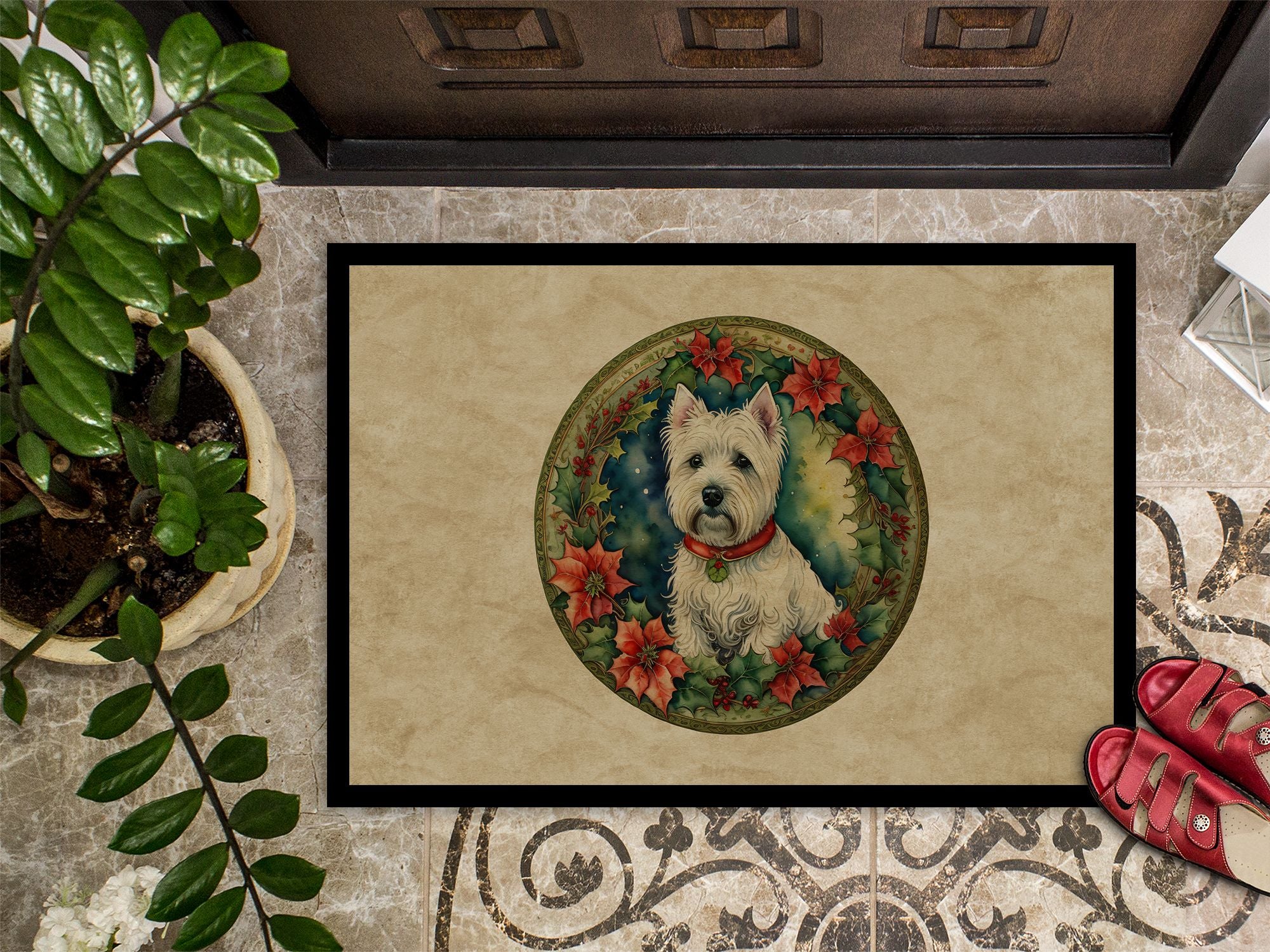 Westie Christmas Flowers Indoor-Outdoor Doormat