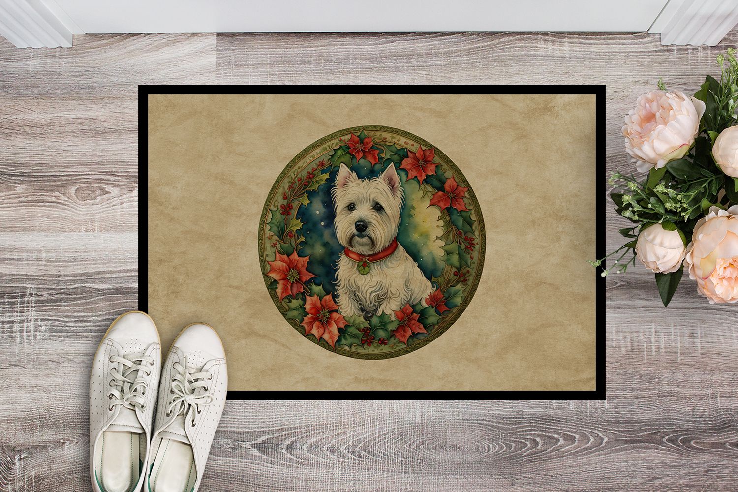 Westie Christmas Flowers Indoor-Outdoor Doormat