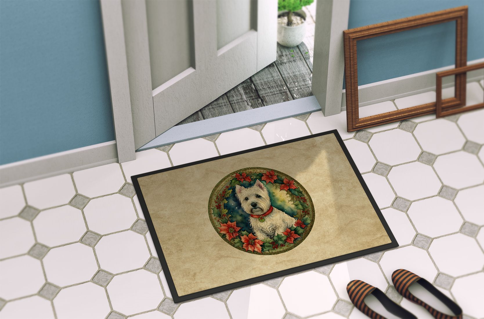 Westie Christmas Flowers Indoor-Outdoor Doormat