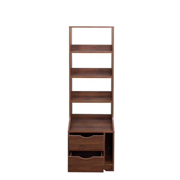 Walnut-Finish Nightstand with Bookshelf and Two Drawers