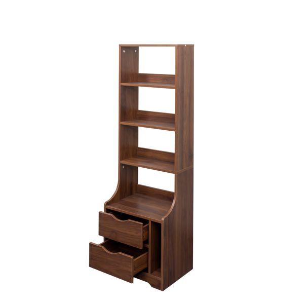 Walnut-Finish Nightstand with Bookshelf and Two Drawers