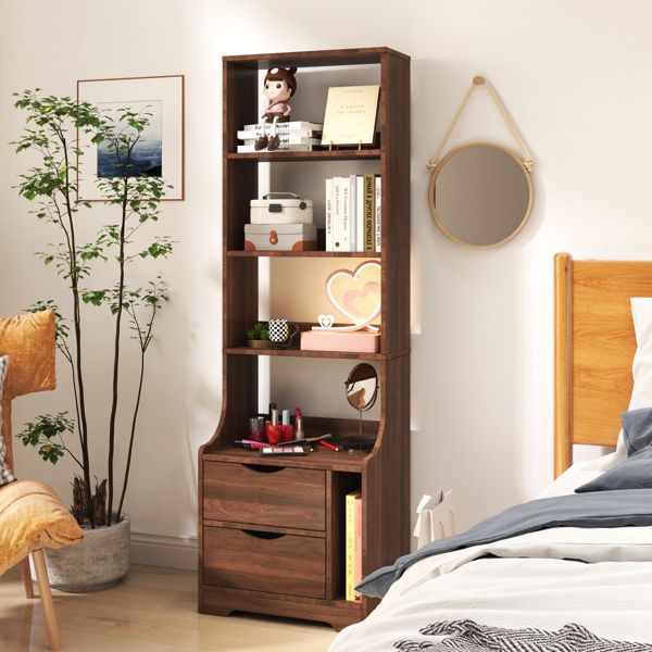 Walnut-Finish Nightstand with Bookshelf and Two Drawers