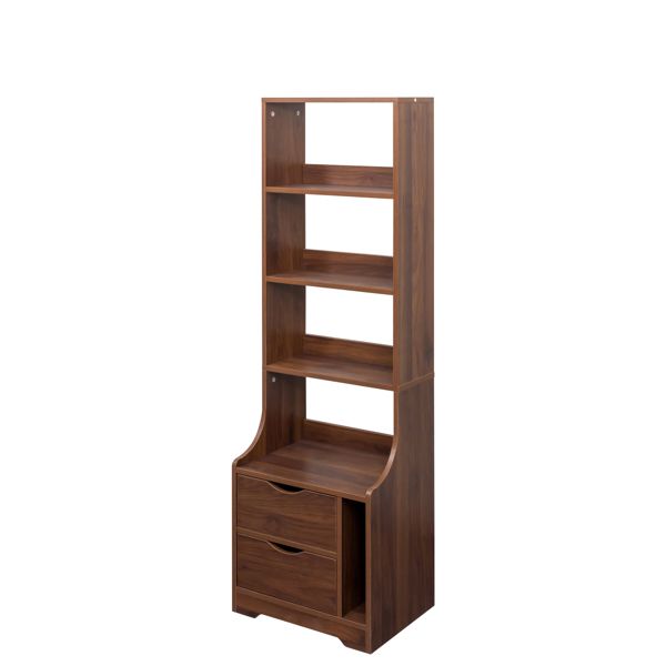 Walnut-Finish Nightstand with Bookshelf and Two Drawers