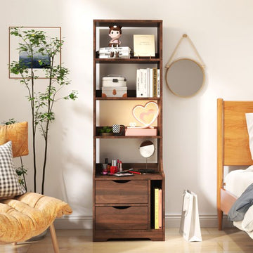 Walnut-Finish Nightstand with Bookshelf and Two Drawers