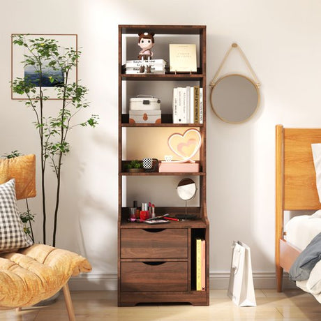 Walnut-Finish Nightstand with Bookshelf and Two Drawers