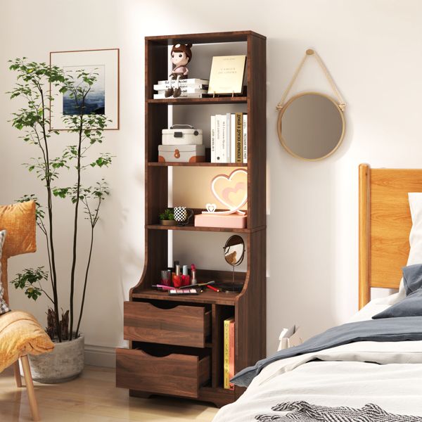 Walnut-Finish Nightstand with Bookshelf and Two Drawers