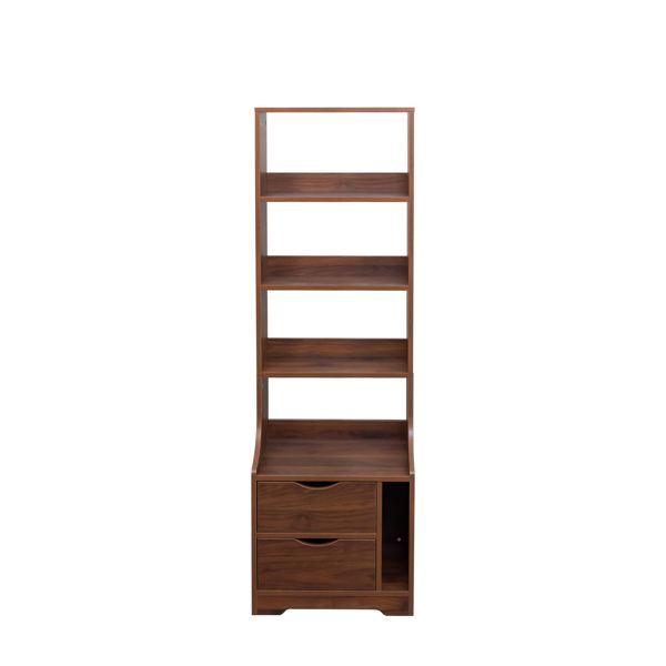 Walnut-Finish Nightstand with Bookshelf and Two Drawers