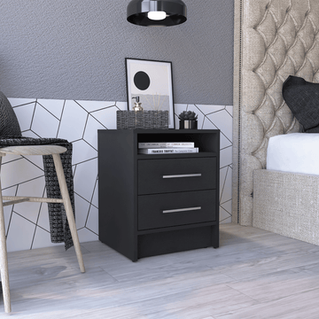 Two-Drawer Nightstand with Open Shelf, Black