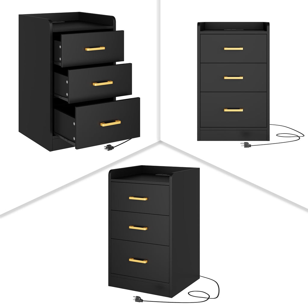Modern Black Nightstand with Charging Station