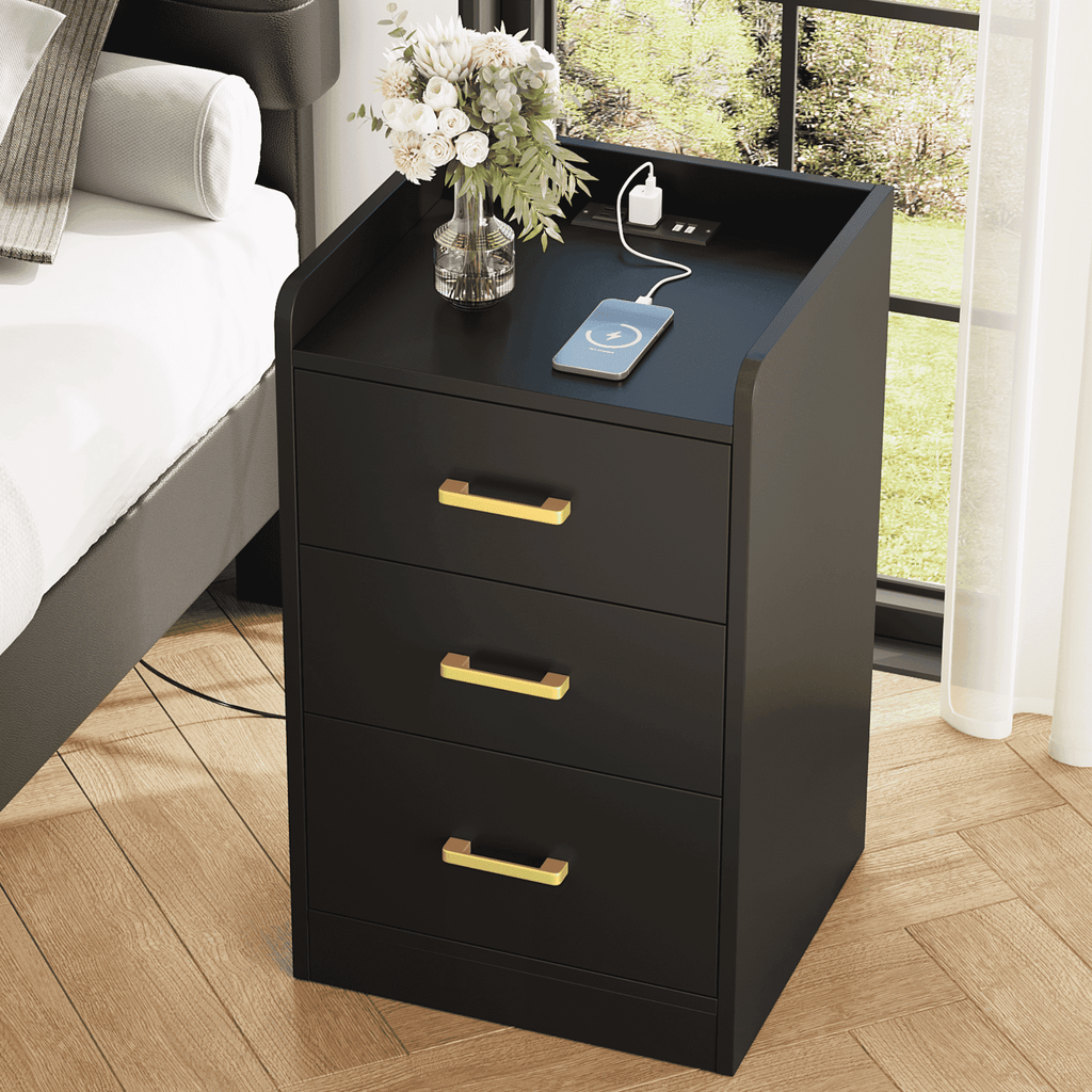 Modern Black Nightstand with Charging Station