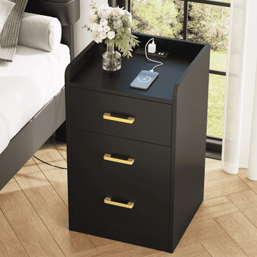 Modern Black Nightstand with Charging Station