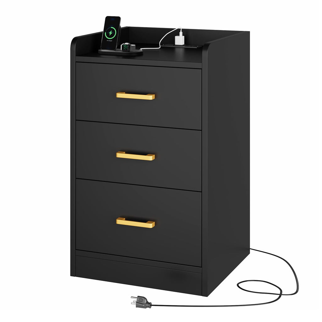 Modern Black Nightstand with Charging Station