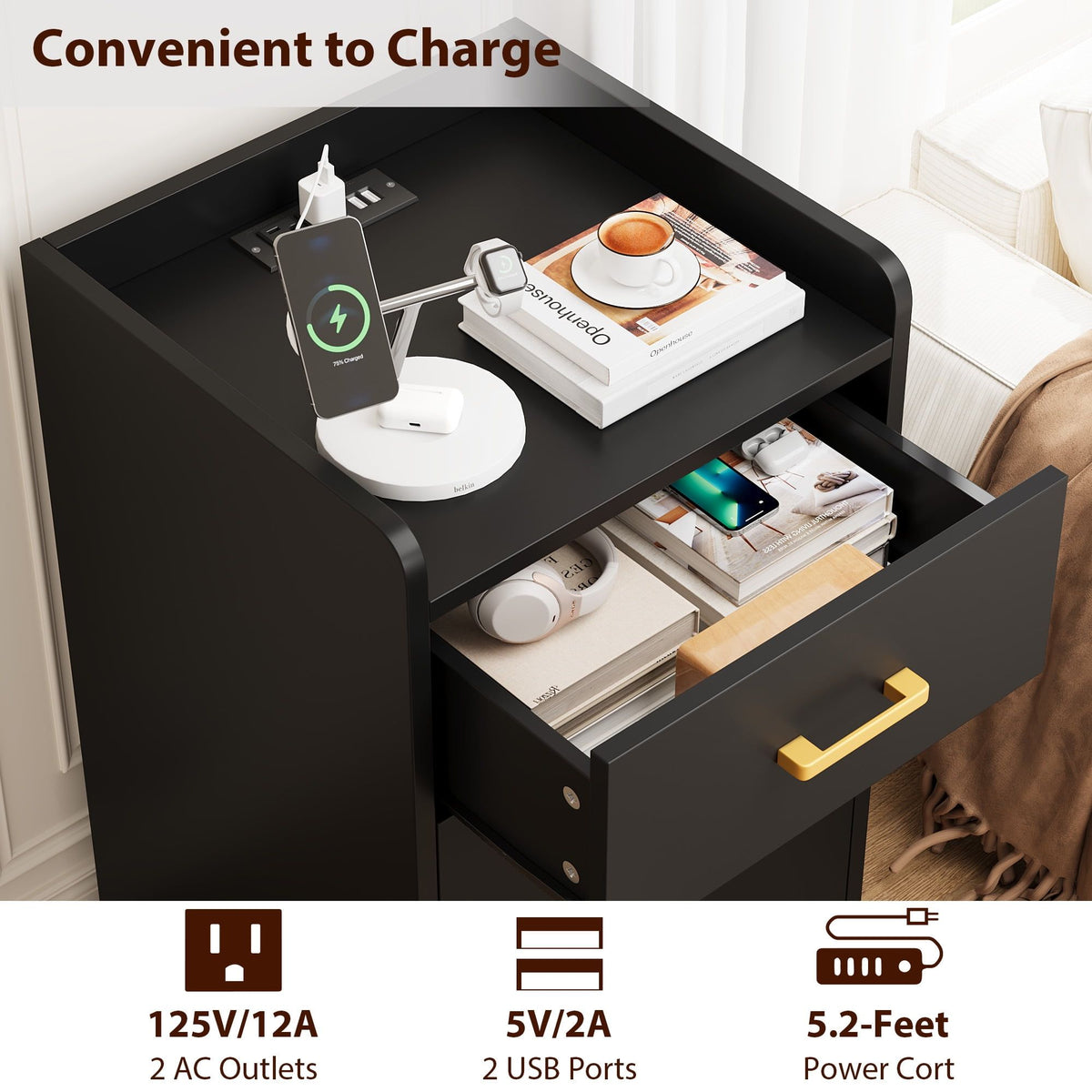 Modern Black Nightstand with Charging Station