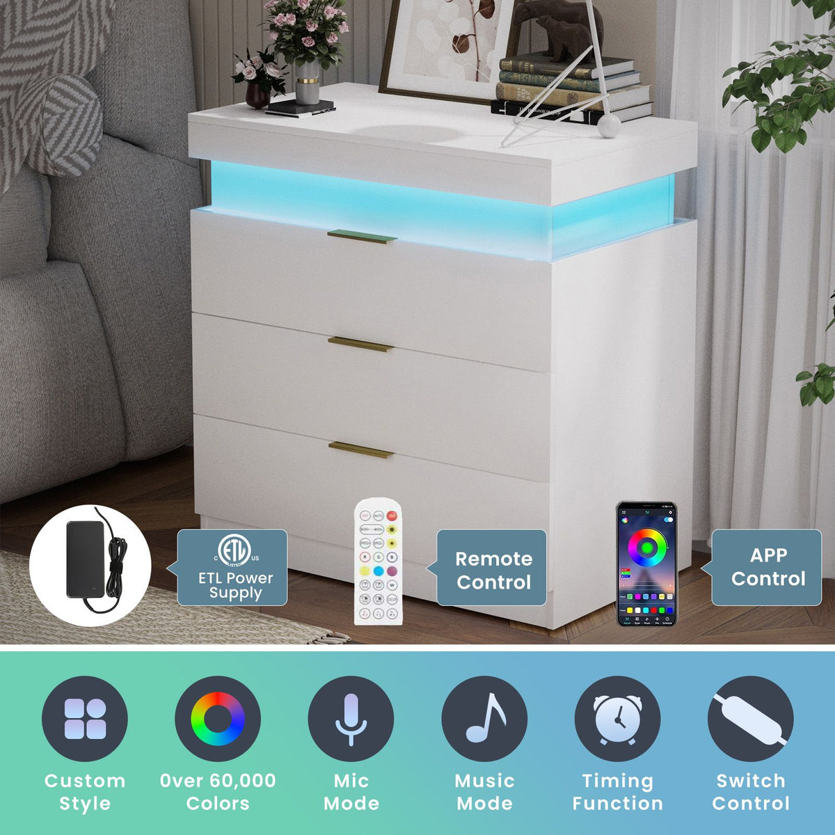 Modern Nightstand with Hidden Charging and RGB Lighting