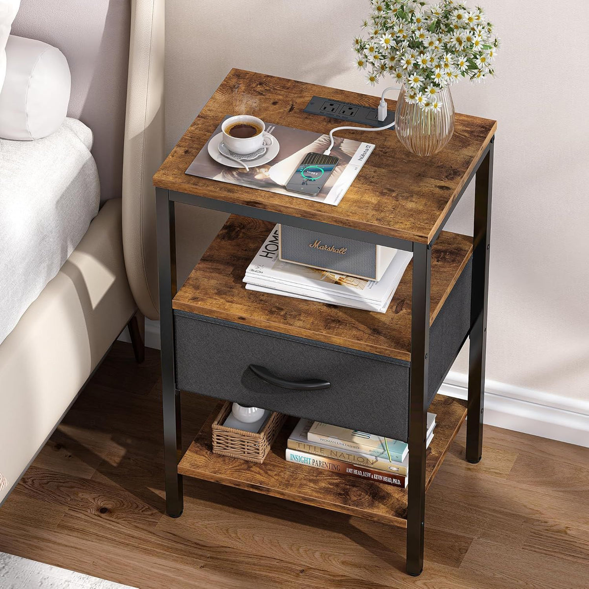 Flexible Bedside Storage with Built-In Charging