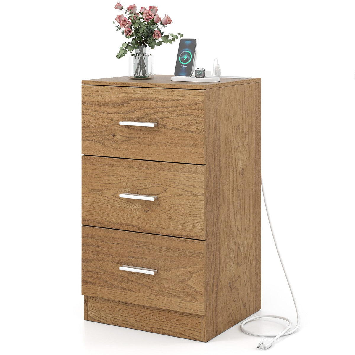 Nightstand with Charging Station End Table with 3 Storage Drawers Bedside Table for