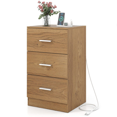 Nightstand with Charging Station End Table with 3 Storage Drawers Bedside Table for